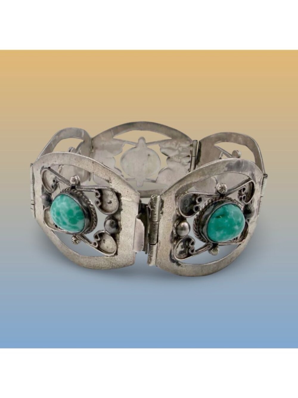Authentic Sign Taxco Sterling Silver Turquoise Large Link Bracelet & Necklace - Picture 3 of 14